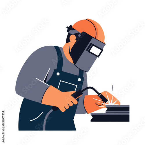 A skilled welder in protective gear, focused on the welding process, creating sparks.
