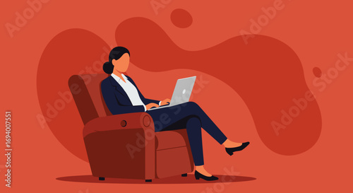 Professional woman works comfortably on a laptop in an armchair, embodying modern remote work and flexible business solutions.