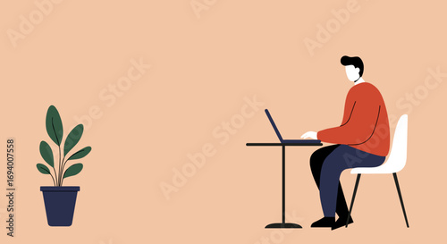 Man working remotely on laptop at a minimalist table with a plant. Ideal for concepts of productivity, freelance, digital lifestyle, and online education.