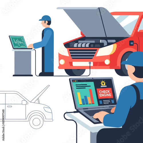 Car diagnostics and repair process, showing mechanics using diagnostic tools and a laptop.