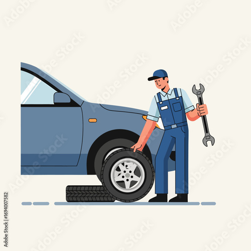 Mechanic changing a car tire, illustration.