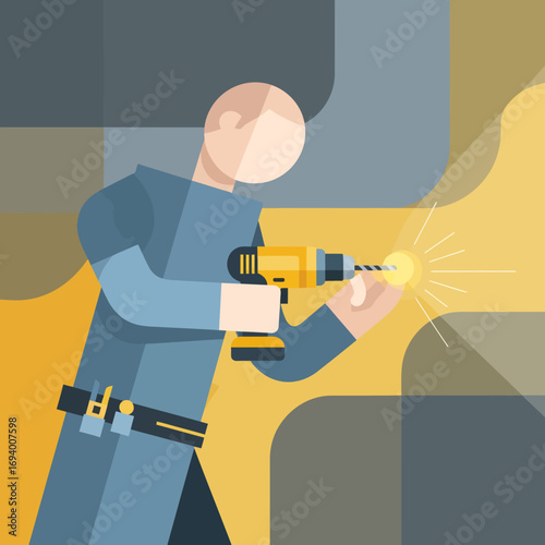 A stylized illustration of a construction worker using a cordless power drill on a wall, creating sparks.