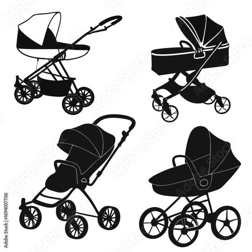 Four black baby transport silhouettes on white baby stroller cradle