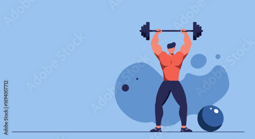 Powerful muscular man performing a barbell overhead press, demonstrating strength, determination, and a healthy, active lifestyle. Perfect for fitness and wellness concepts.