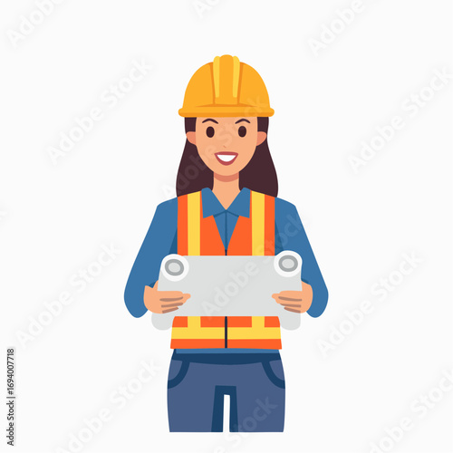 Female Engineer in Safety Vest Holding Project Plan Vector