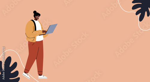Modern illustration of a young person using a laptop, symbolizing remote work, education, and digital lifestyle. Ideal for tech or business themes.