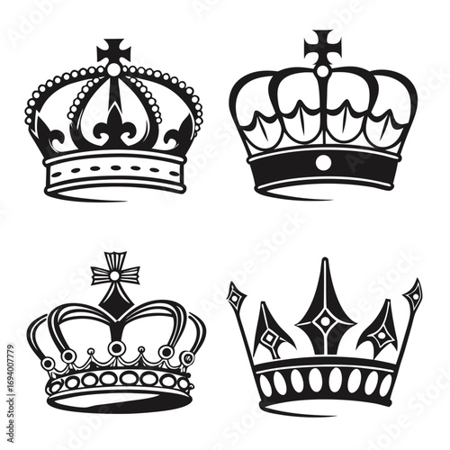Four black crown icons on white background symbol royalty