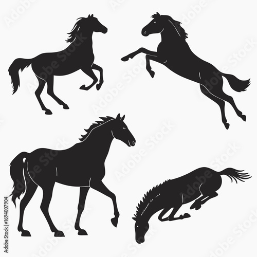 Four black horse silhouettes in various poses animal equine