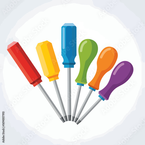 Colorful screwdrivers with different handles on white background.