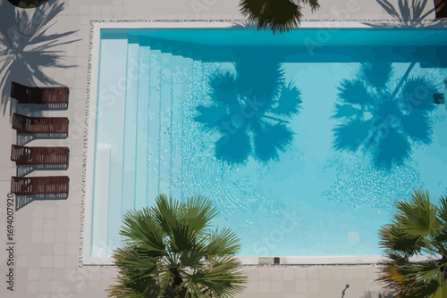 Luxury Swimming Pool Oasis with Palm Trees and Loungers Top View for Relaxation and Tropical Vacation Concept