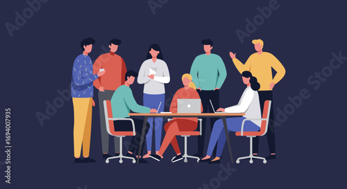 Group of diverse professionals collaborating on a project in a modern office environment, symbolizing teamwork, innovation, and effective communication.