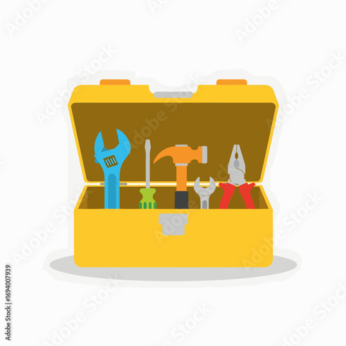 Open toolbox filled with various tools, including wrenches, a screwdriver, a hammer, and pliers.