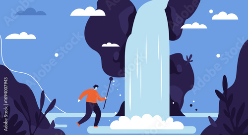 Person with staff explores a stylized natural landscape with a powerful waterfall. Symbolizes adventure, journey, challenges, and discovery. Great for travel and lifestyle concepts.