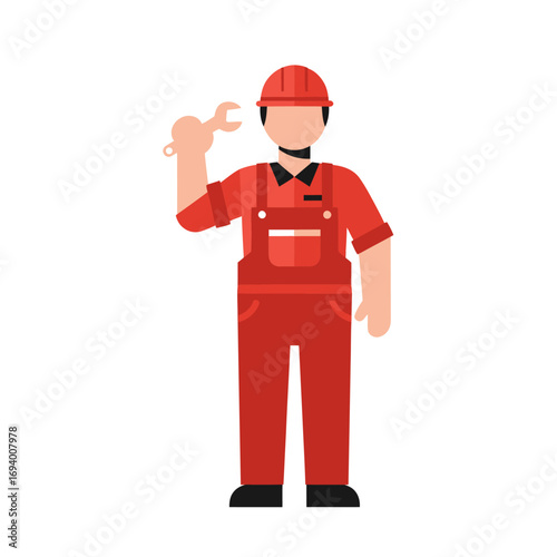 A male mechanic in red overalls holds a wrench.