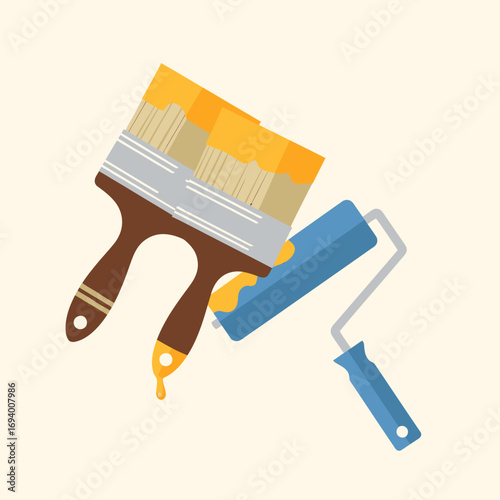 A flat design illustration of a paintbrush and a paint roller, both covered in dripping yellow paint.