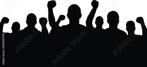 Silhouette of diverse group raising fists together in unity, strength, protest, empowerment, solidarity, activism, social movement, collective voice, and resistance.