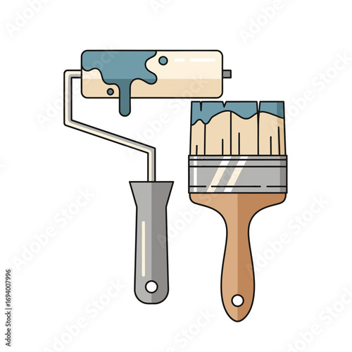 Painting tools, paint roller and paint brush, for home improvement projects.