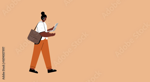 Modern professional walking and working on a laptop, embodying remote work and digital lifestyle. Ideal for business, technology, and online education themes.