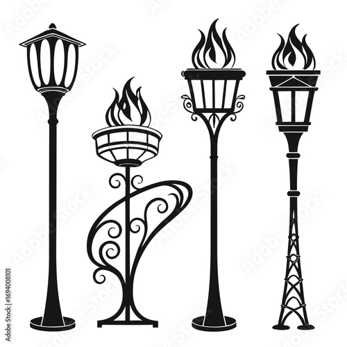 Four black torch and lamp silhouettes with flames vector