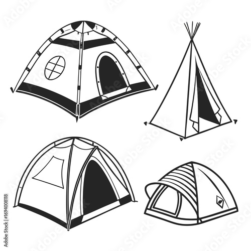 Four camping shelter outlines dome teepee and tunnel tent dome tent