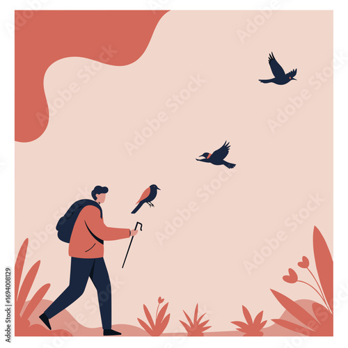 An adventurous person with a backpack and hiking stick explores nature, accompanied by birds, symbolizing freedom and outdoor lifestyle. Perfect for travel and wellness themes.