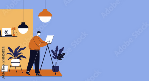 Man painting on an easel in a modern home studio with plants. Captures artistic creativity, a relaxing hobby, or work-from-home lifestyle.