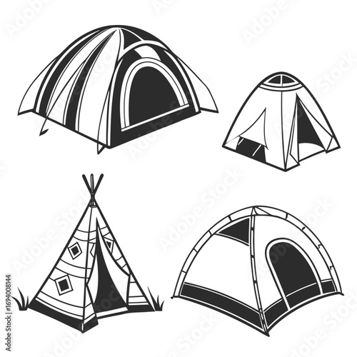 Four camping shelter silhouettes dome teepee canvas tent dome tent