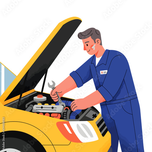 An illustrated male mechanic in a blue uniform uses a wrench to repair the engine of a yellow car.