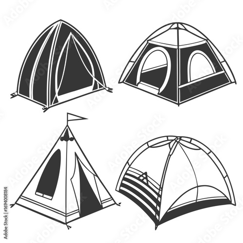 Four distinct tent outlines black and white camping shelter