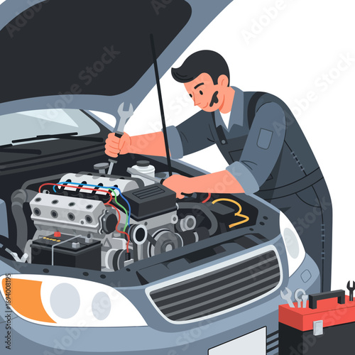Mechanic working on a car engine with the hood open.