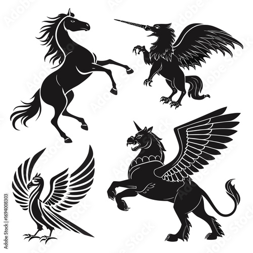Four mythical creature silhouettes unicorn griffin phoenix horse winged horse