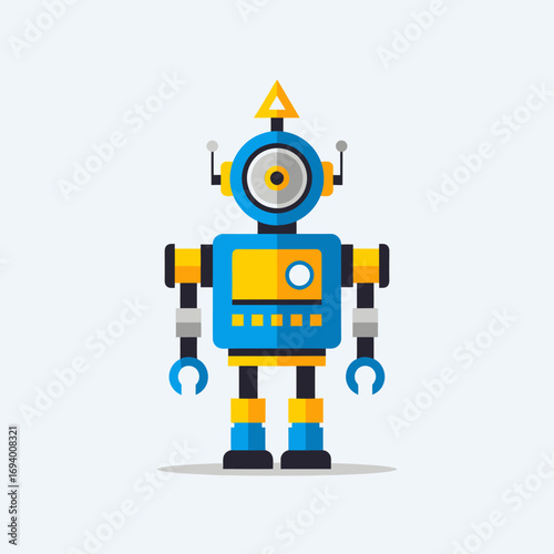 A friendly, flat design cartoon robot in blue and yellow colors, featuring a single eye, antennae, and a triangular top, standing upright.