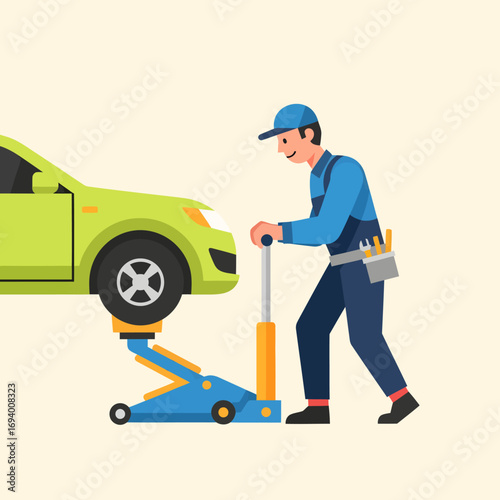Mechanic using a car jack to lift a green car.
