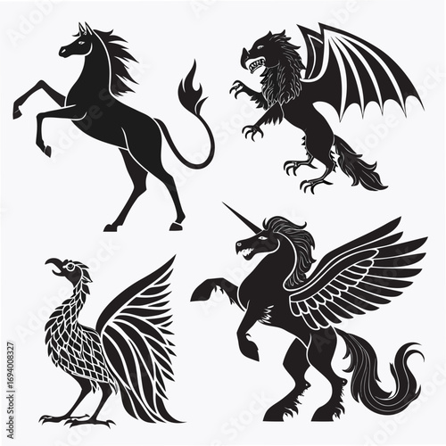 Four mythical creatures black silhouettes unicorn pegasus