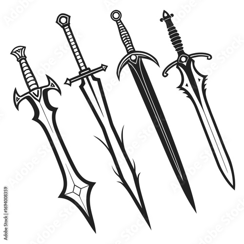 Four ornate fantasy sword silhouettes black and white weapon blade