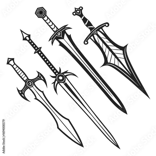 Four ornate fantasy sword silhouettes black and white weapon blade