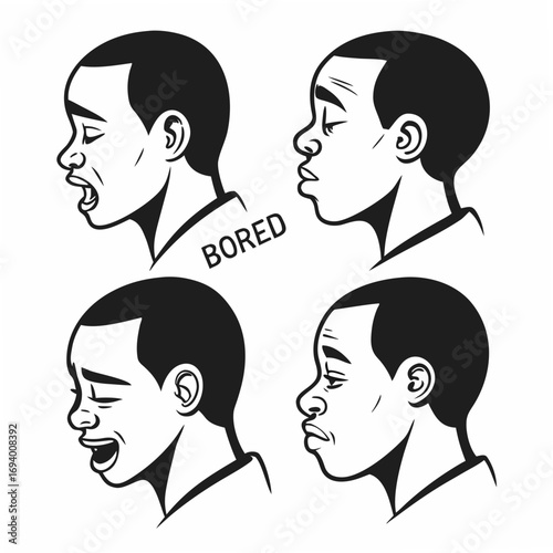 Four profiles of a young man showing different emotions faces bored