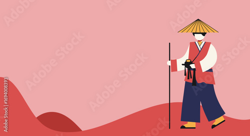 Traditional East Asian traveler in a straw hat and cultural attire walks with a staff through serene, rolling landscapes. Ideal for travel, cultural, or historical themes.