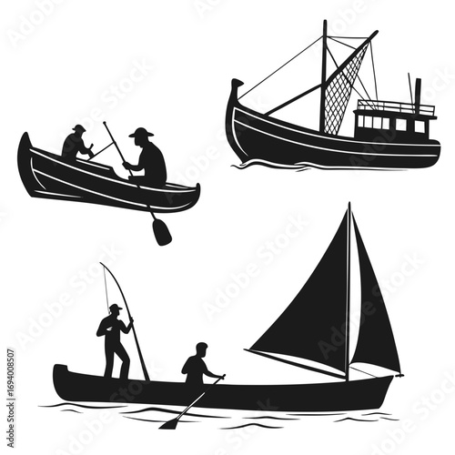 Four traditional boats with people fishing and sailing fishing boat sailboat