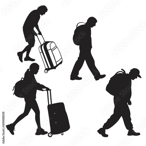 Four traveler silhouettes with luggage suitcase backpack