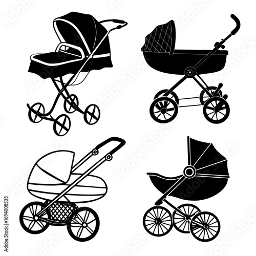 Four vintage baby carriage silhouettes stroller cradle