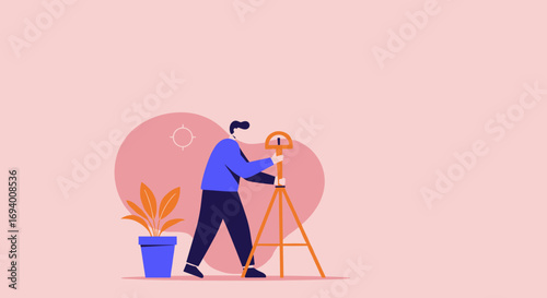 Professional surveyor operates a total station for precise land measurement. Ideal for civil engineering, construction, and urban planning concepts.