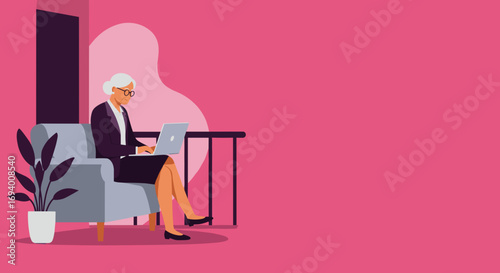 Senior woman working remotely on laptop at home, embodying active lifestyle, technology adoption, and flexible business.