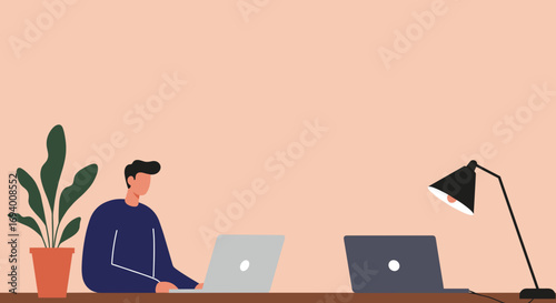 Man working remotely from home on a laptop, embodying concepts of flexible work, digital transformation, and modern productivity. Ideal for business and technology themes.