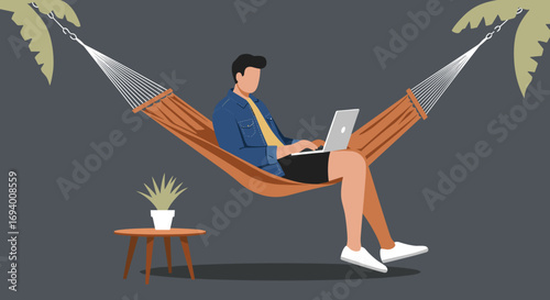 Man working on laptop in a hammock between palm trees, depicting remote work flexibility and a relaxed digital nomad lifestyle. Ideal for business, travel, and technology themes.