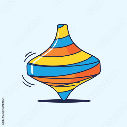 A colorful striped spinning top toy in motion, depicted in a simple cartoon illustration style against a light blue background.