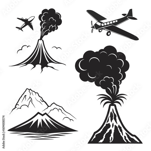 Four volcano eruption scenes with airplanes and mountains smoke