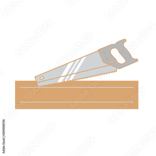 A hand saw cutting through a wooden plank, illustrating carpentry work and construction.