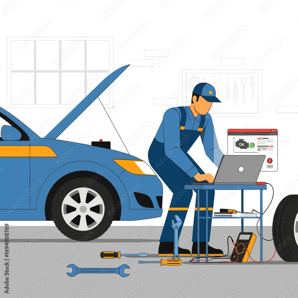 Obraz premium Mechanic performing car diagnostics with a laptop in a garage setting, surrounded by tools and equipment.