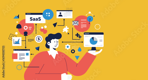 Smiling person interacting with interconnected SaaS software elements, data analytics, and digital communication tools. Ideal for business, technology, and IT concepts.